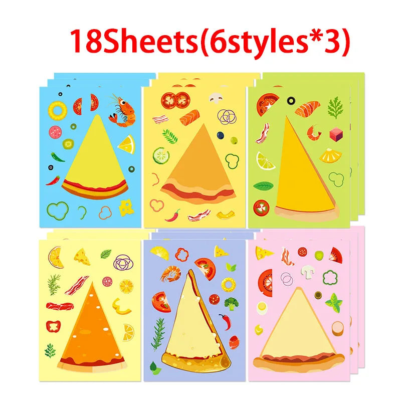 A set of 18 sheets featuring various food items and pizza slices for a DIY craft kit.