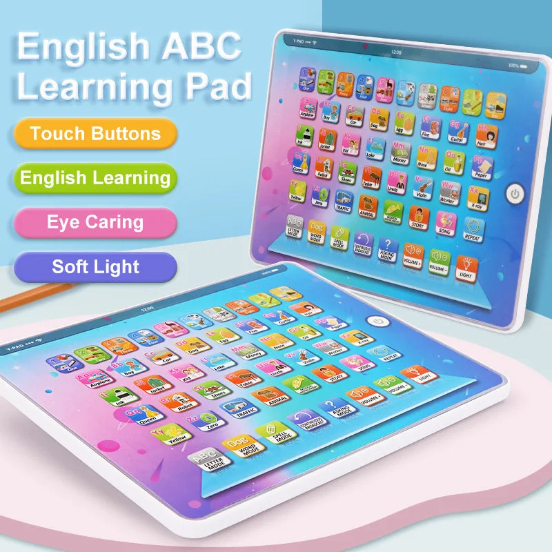 An English ABC Learning Pad tablet displaying colorful touch buttons and educational content.