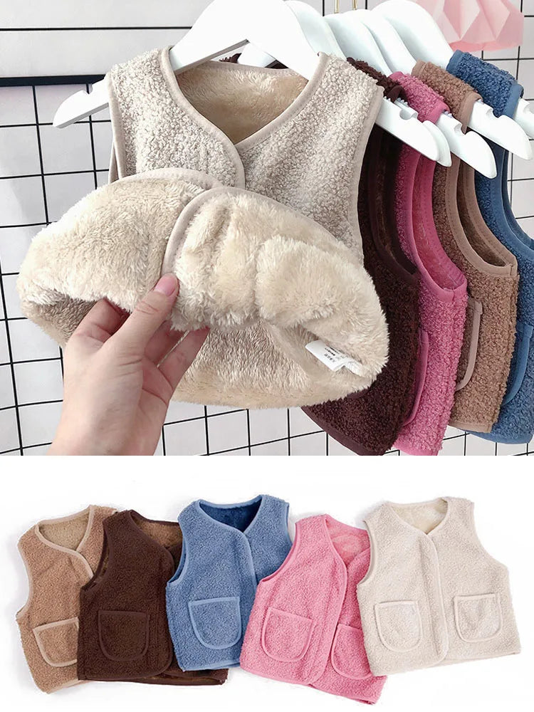 A collection of cozy lamb wool baby vests in various neutral and pastel colors displayed on a hanger.
