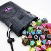 Black PU leather drawstring dice bag with organizer compartments and a black cord