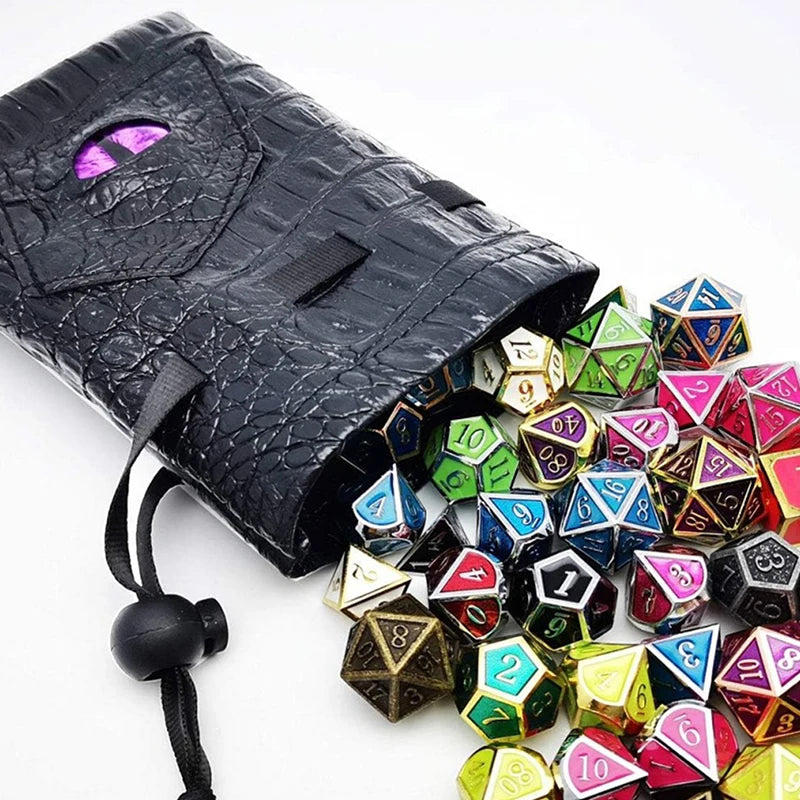 Black PU leather drawstring dice bag with organizer compartments and a black cord