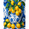 A still life painting featuring yellow lemons in a blue vase against a white background.
