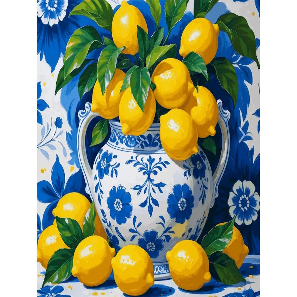 A still life painting featuring yellow lemons in a blue vase against a white background.