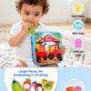 A toddler holds a colorful farm-themed busy book featuring various fruits and vegetables, emphasizing safety and washability.