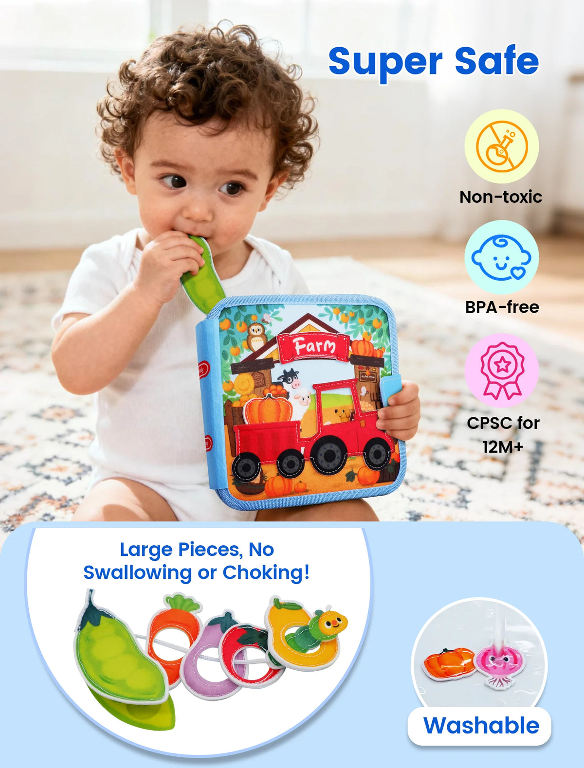 A toddler holds a colorful farm-themed busy book featuring various fruits and vegetables, emphasizing safety and washability.