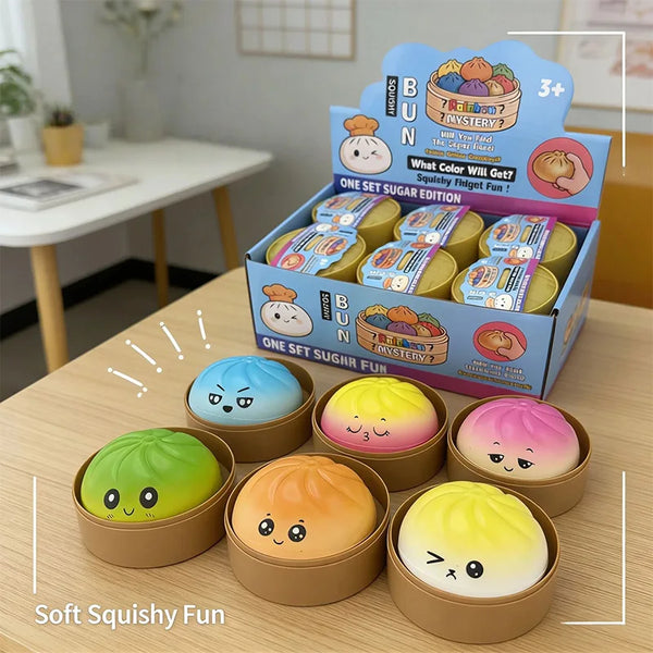 A collection of soft squishy fun toys in various colors including blue, yellow, and pink, displayed in open containers.