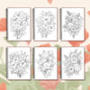 A set of ten black and white line art pages for adult coloring, bound in a spiral notebook.