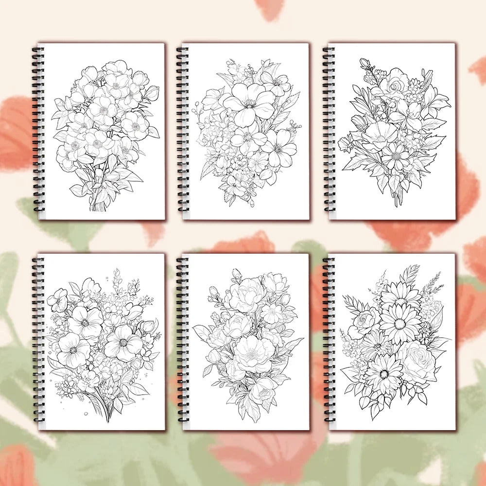 A set of ten black and white line art pages for adult coloring, bound in a spiral notebook.