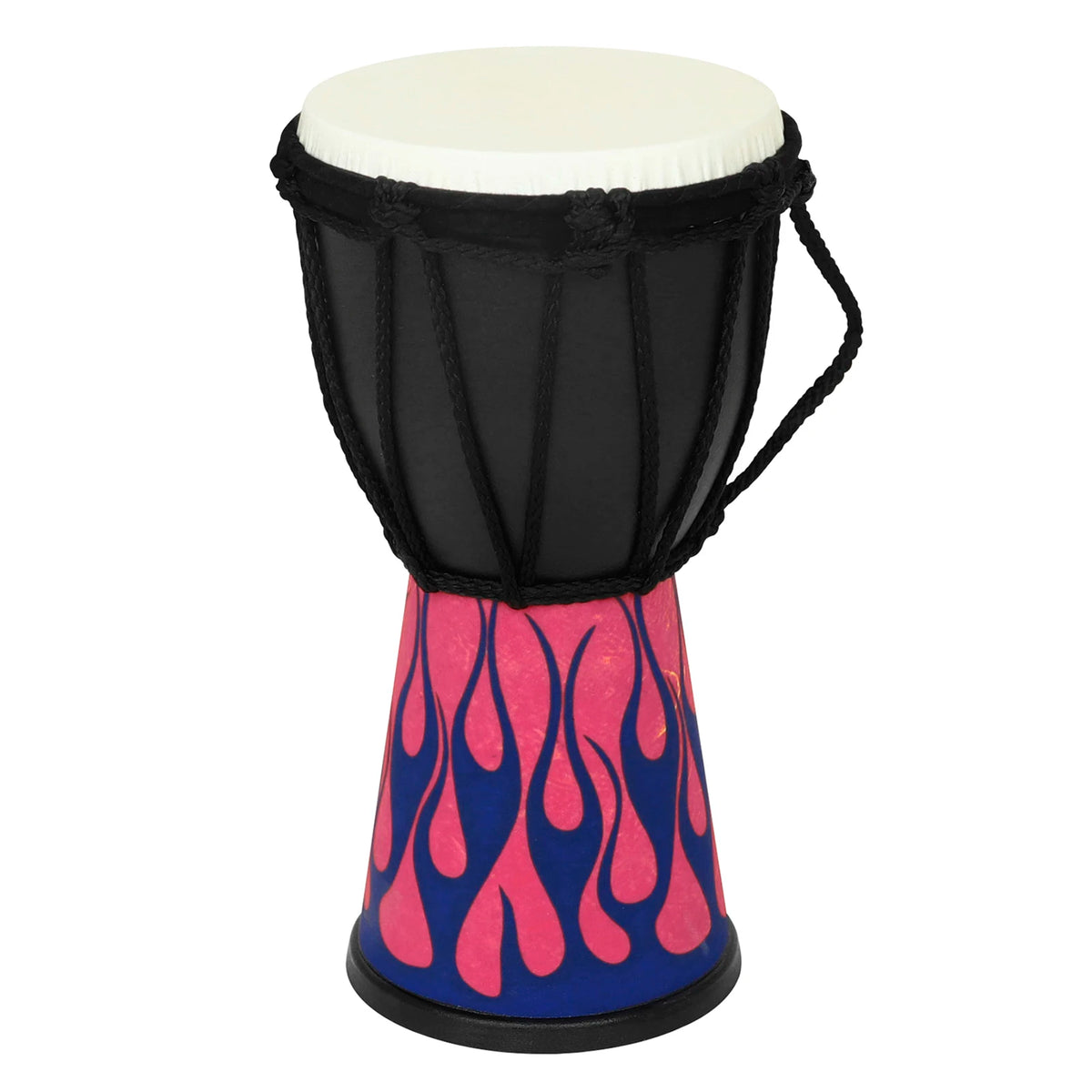 A colorful hand drum with a black body and a pink and blue base, featuring traditional djembé style percussion.