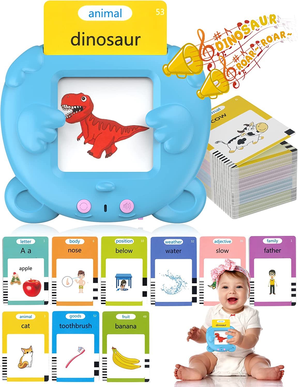 A blue talking dinosaur educational toy with flash cards for animals, dinosaurs, and various objects.