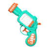 A teal mini water blaster pistol with an orange trigger and a clear water reservoir.