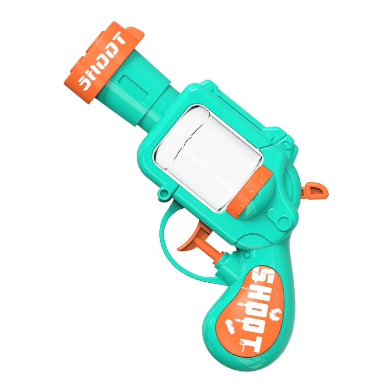 A teal mini water blaster pistol with an orange trigger and a clear water reservoir.