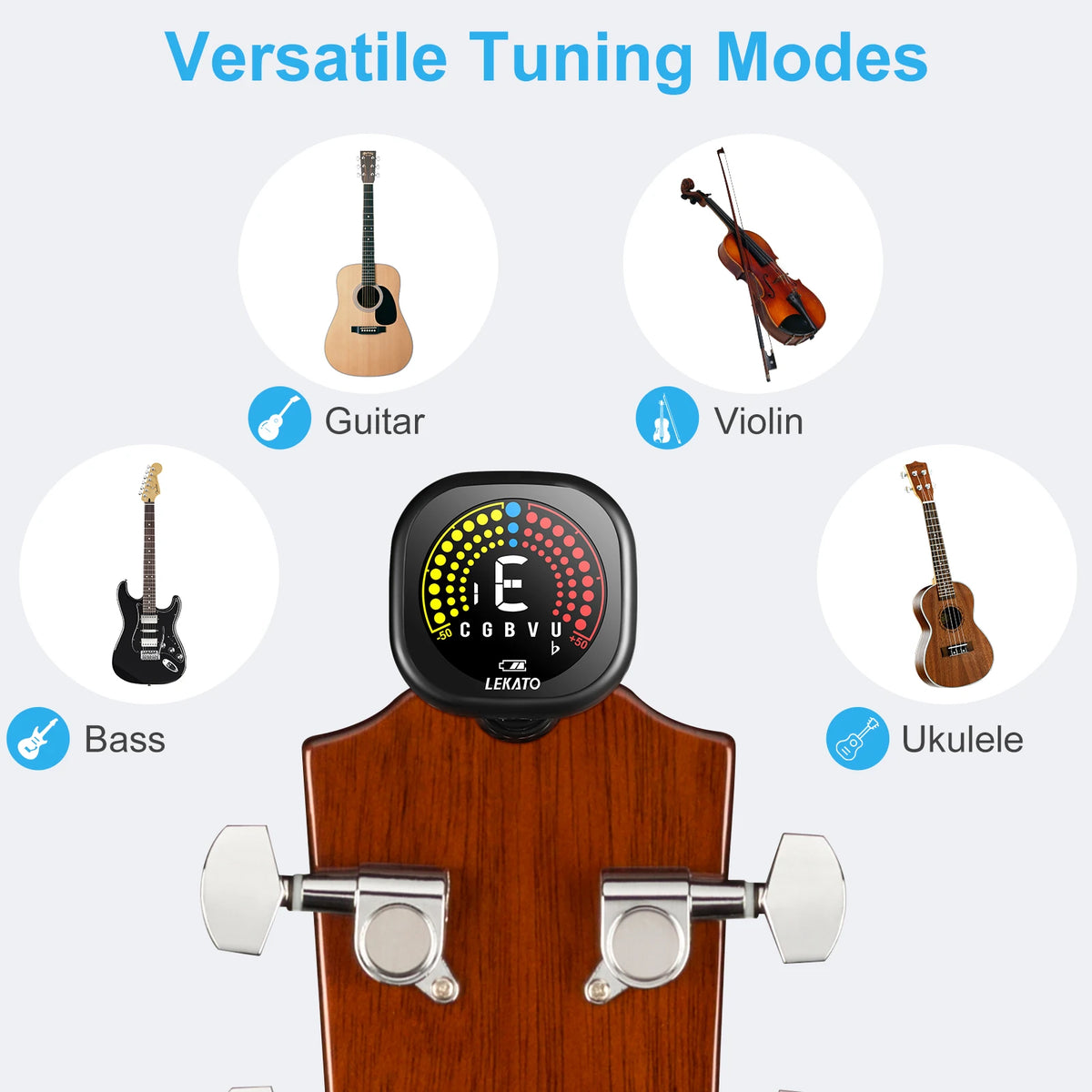 Kompaktierbarer wiederaufladbarer Gitarren-Tuner, der verschiedene Musikinstrumente wie Gitarre, Violine, Bass und Ukulele an