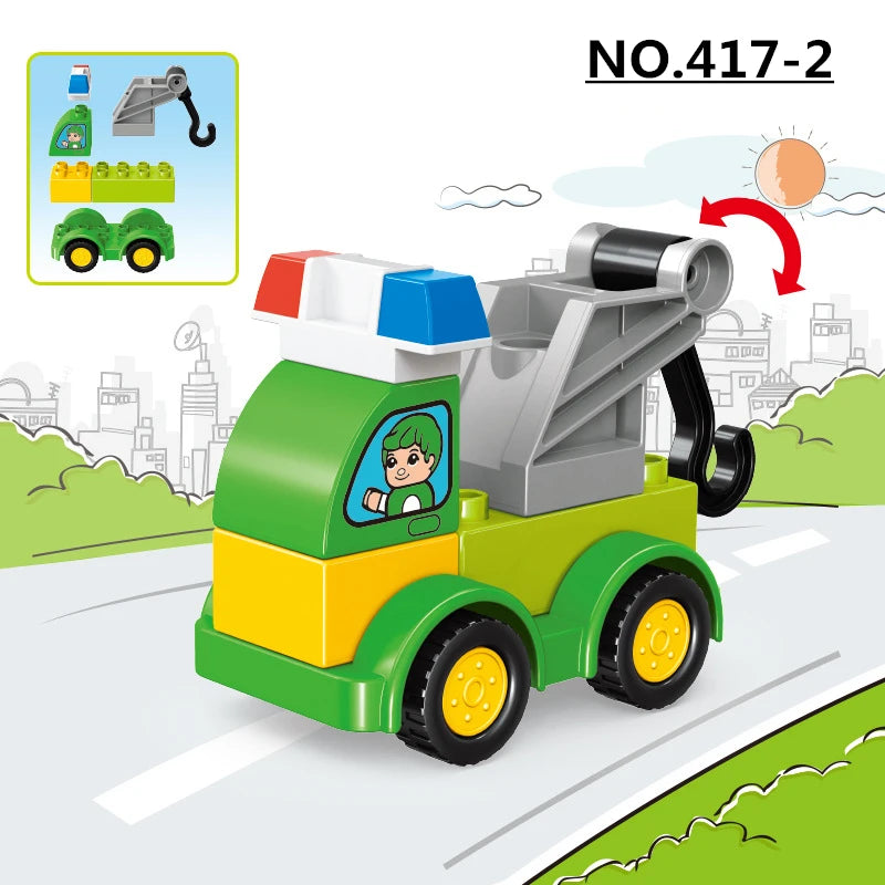 A green construction vehicle building block set with a gray crane attachment on a city landscape.