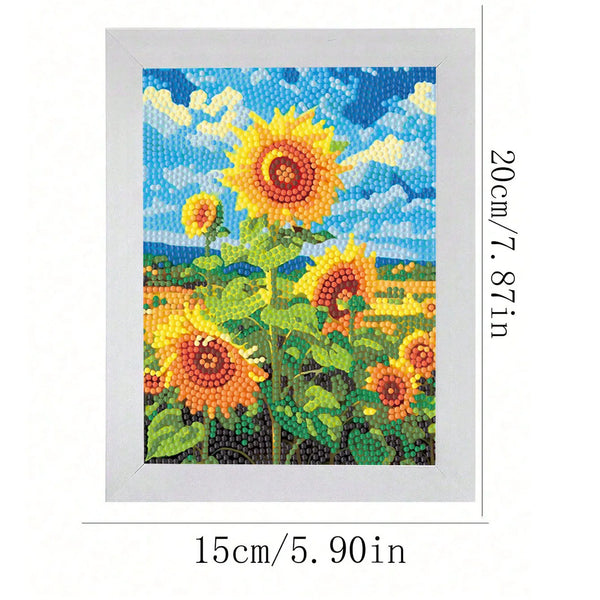 A painting kit featuring a vibrant sunflower field with yellow and orange flowers against a blue sky.