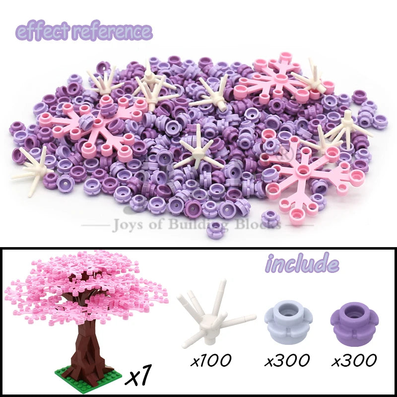 A set of 7 building blocks shaped like a pink cherry blossom tree, including 100 white and 300 purple blocks.