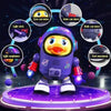 A purple robotic duck character is shown with various moving parts like eyes, arms, body, and feet, surrounded by light effec