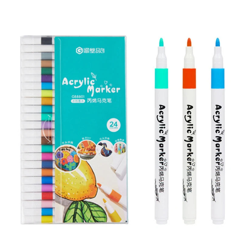 A set of acrylic markers for painting on various surfaces, including glass and ceramic.