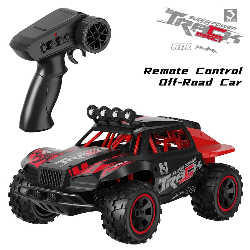 A black and red 1:18 scale off-road RC monster truck with a remote control transmitter visible.