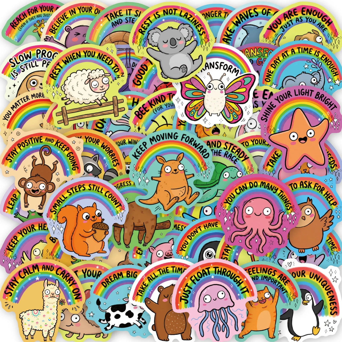 A collection of colorful rainbow animal positive quote stickers featuring various cute animals and encouraging phrases