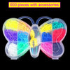 A clear plastic container holding 600 colored rubber bands and accessories for a DIY bracelet making kit.