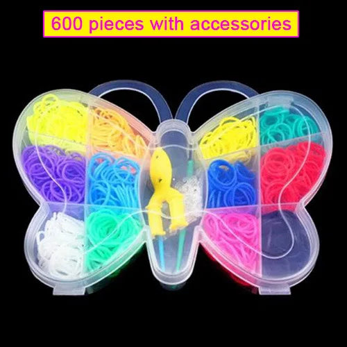 A clear plastic container holding 600 colored rubber bands and accessories for a DIY bracelet making kit.