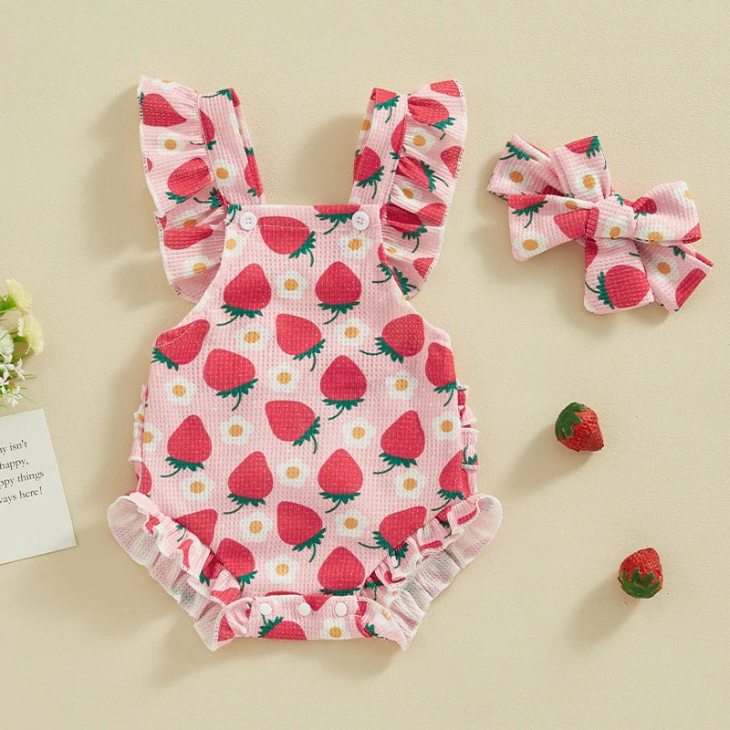 Pink strawberry print baby girls summer romper set with matching headband