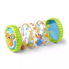 A colorful Montessori baby crawling roller toy with green and blue sections for tummy time