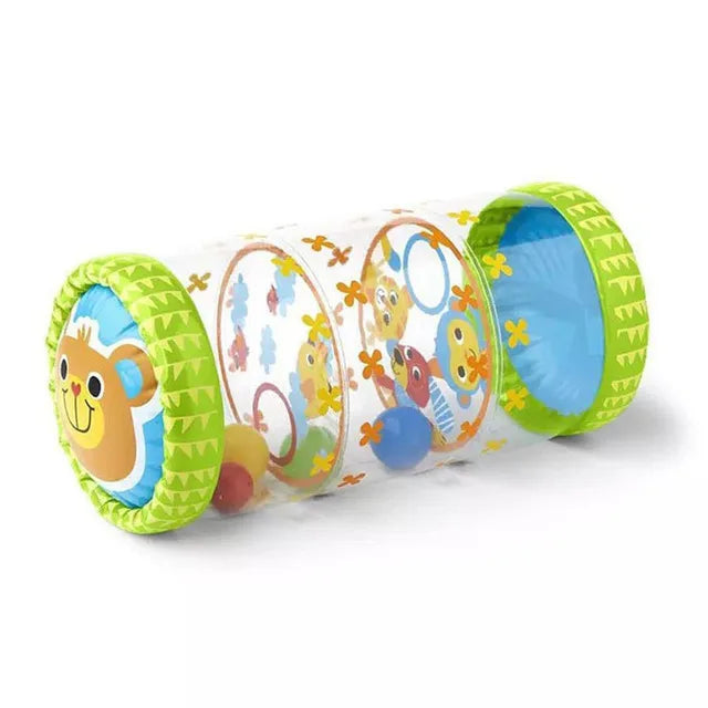 A colorful Montessori baby crawling roller toy with green and blue sections for tummy time