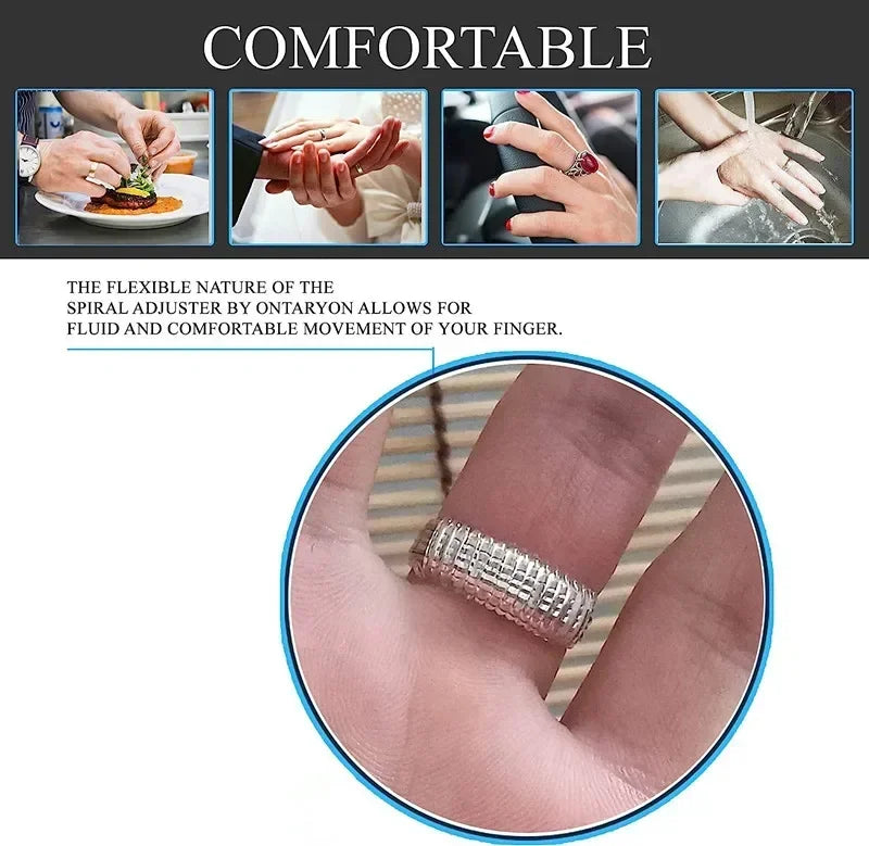 Close-up of a hand wearing a silver ring size adjuster, demonstrating the flexible movement for fitting rings.