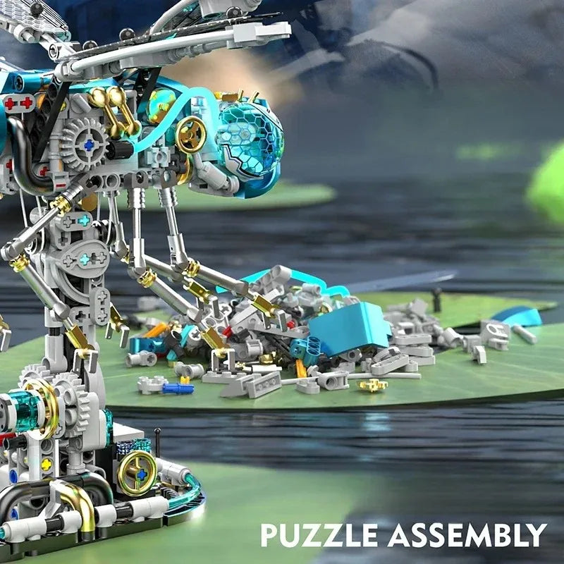 A detailed puzzle assembly of a mechanical dragonfly model kit featuring silver and teal components on a green surface.