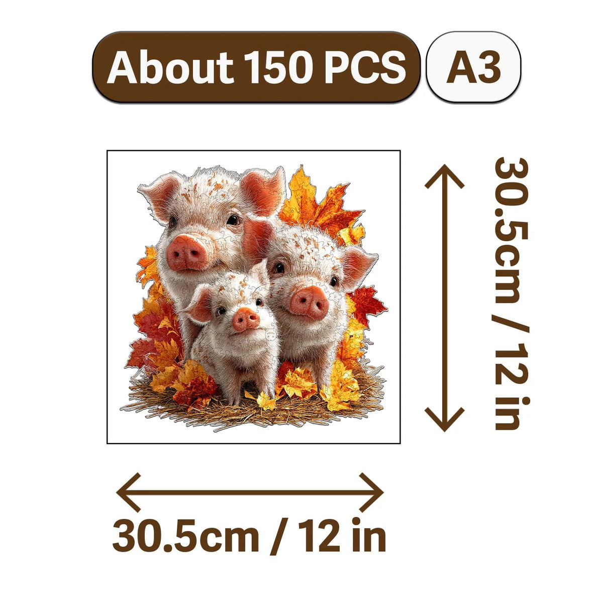 A jigsaw puzzle featuring three pig figures made of wood.