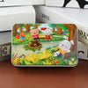 A rectangular jigsaw puzzle featuring woodland animals like a bear, fox, and rabbit, set in a green forest scene.
