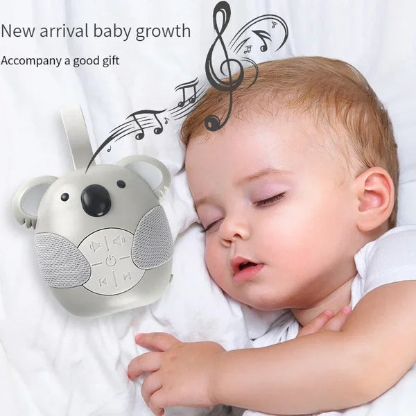 A baby is sleeping while using a portable white noise soother for babies.