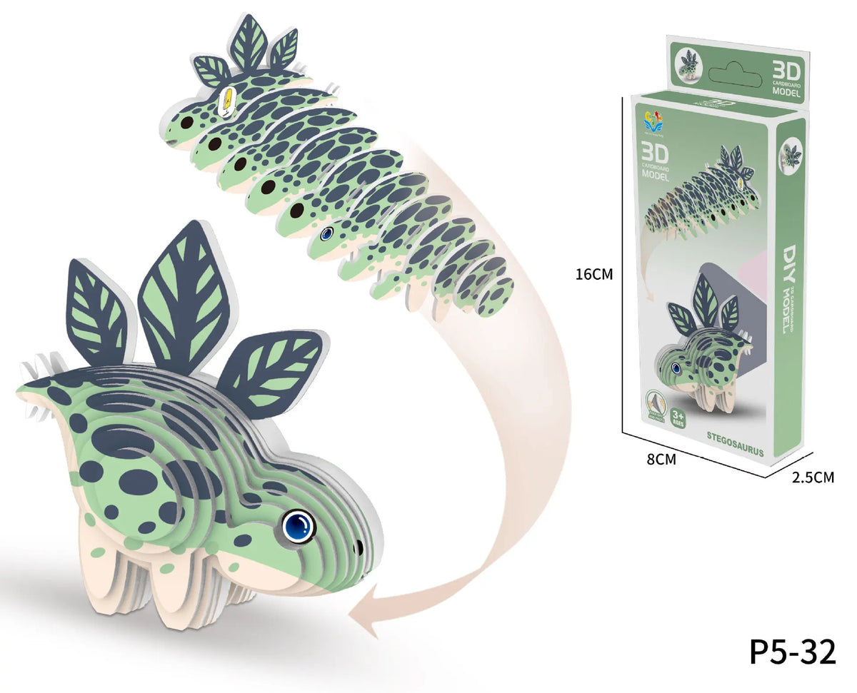 A 3D paper puzzle set of a dinosaur, featuring a detailed model and instructions for DIY craft toy.