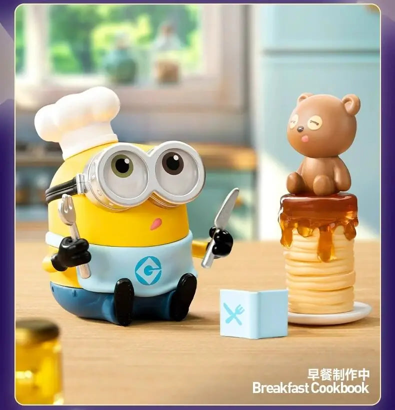 A yellow Minion figure wearing large glasses is sitting next to a brown bear collectible on a wooden table.