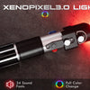 A black lightsaber with a bright red blade is shown, featuring app control and motion control capabilities.