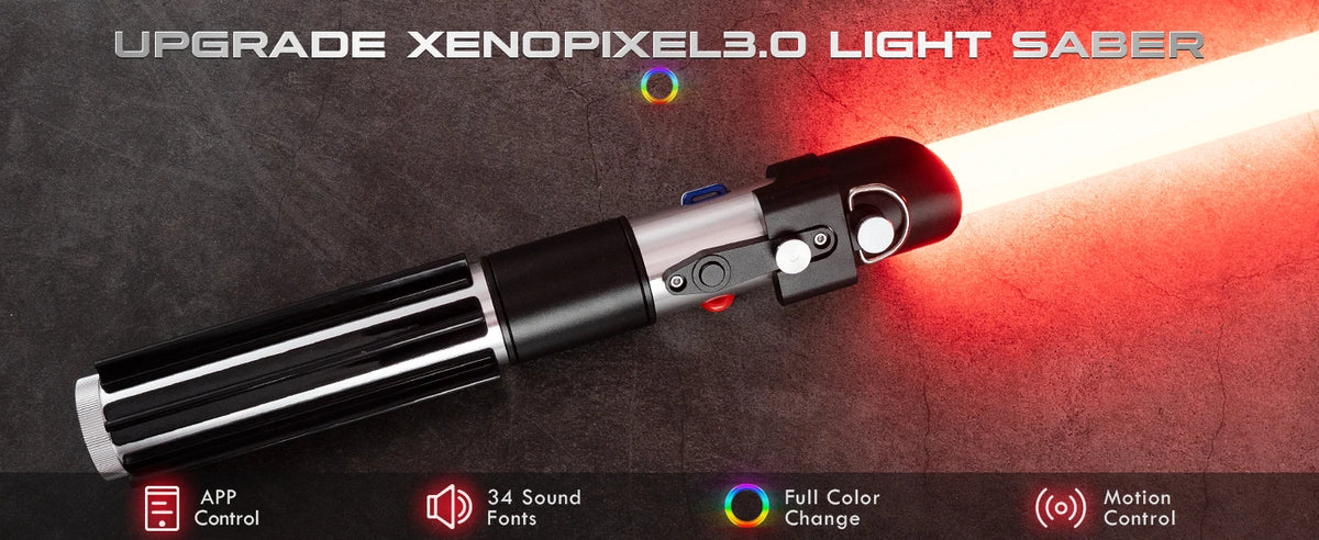 A black lightsaber with a bright red blade is shown, featuring app control and motion control capabilities.