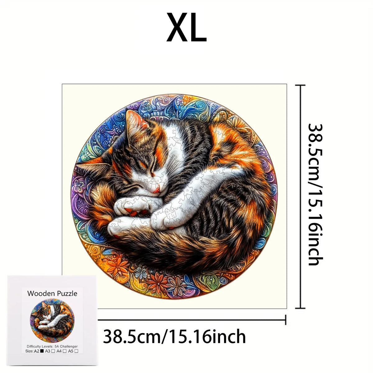 An XL wooden jigsaw puzzle featuring a detailed, lifelike image of a tabby cat with orange and black fur.