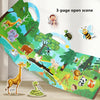 A 3-page open scene reusable cartoon sticker book for kids featuring various jungle animals like a giraffe, monkey, and eleph