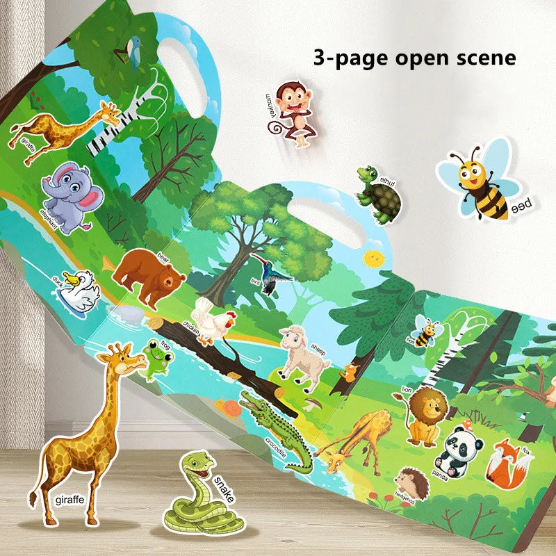 A 3-page open scene reusable cartoon sticker book for kids featuring various jungle animals like a giraffe, monkey, and eleph