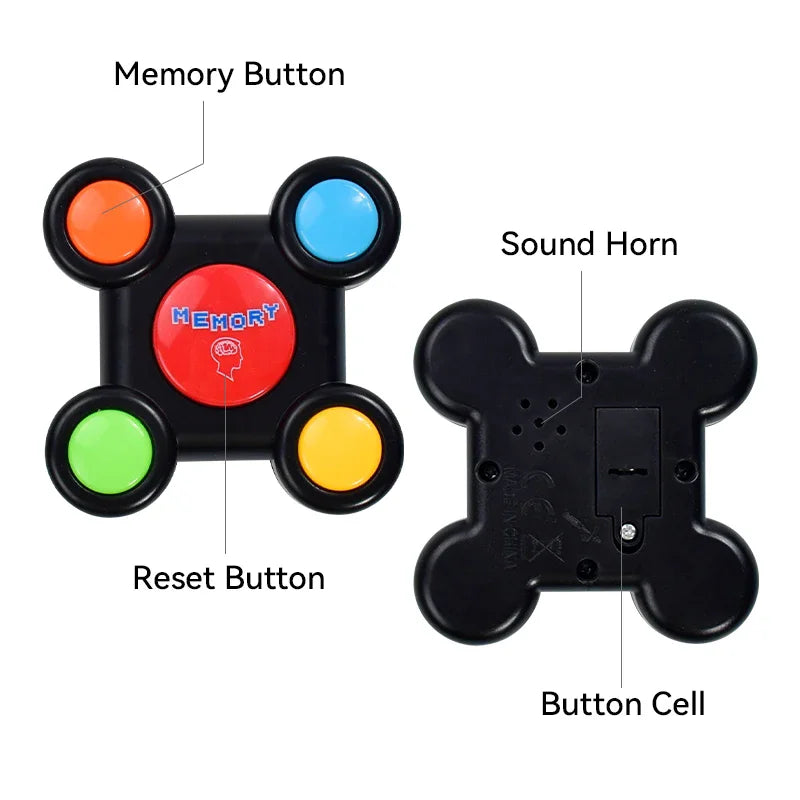 A light-up memory game component showing a memory button, sound horn, reset button, and button cell.