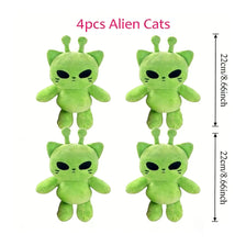 Four green alien cat plush toys displayed side by side.