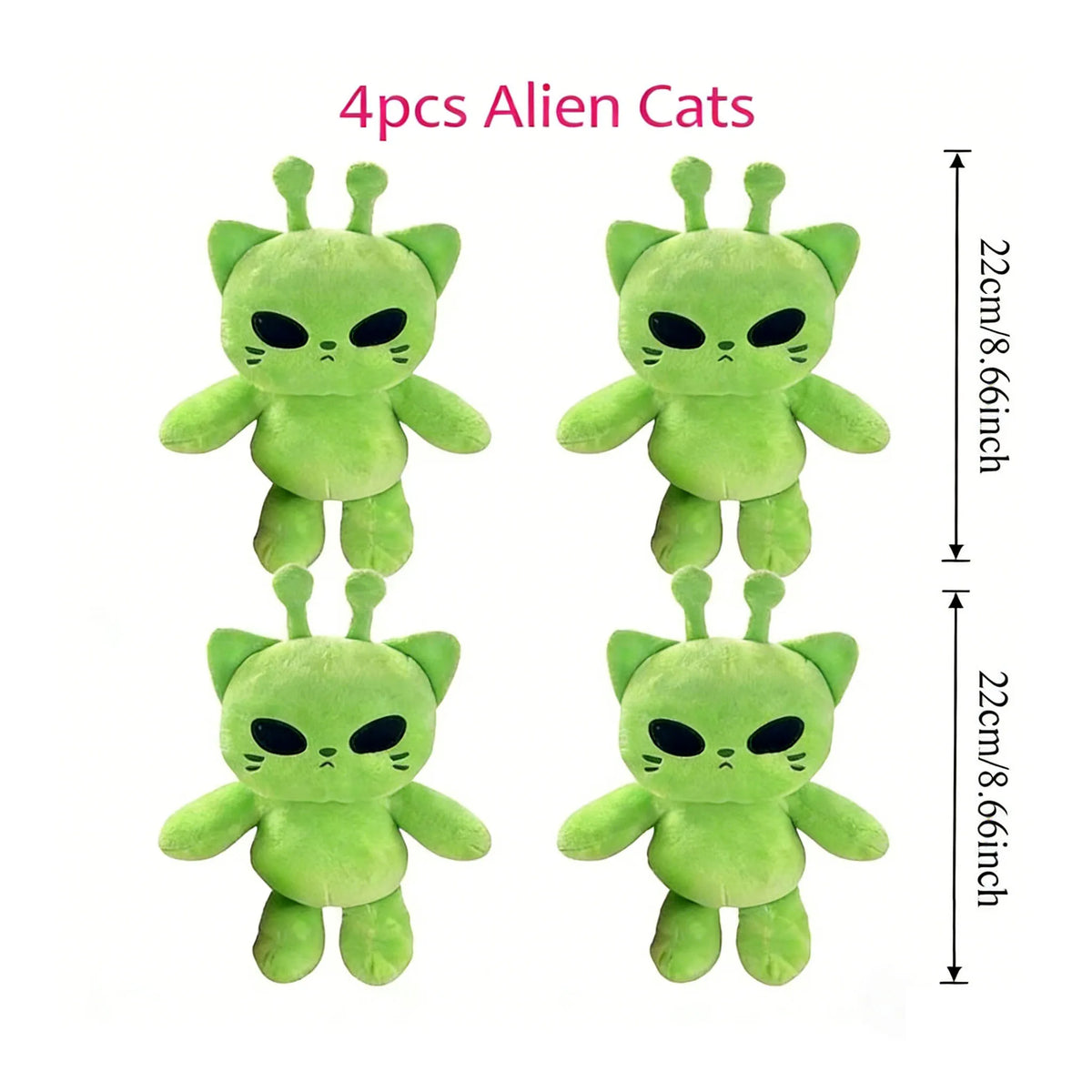 Four green alien cat plush toys displayed side by side.