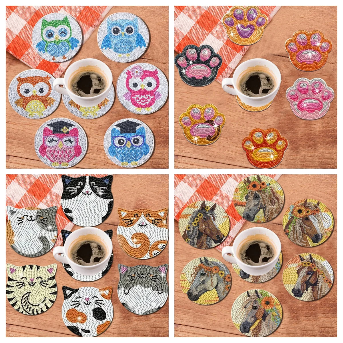 DIY Animal Diamond Painting Coaster Set with Wooden Base
