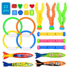 A collection of colorful diving toys including rings, tubes, and fins for swimming pool games.