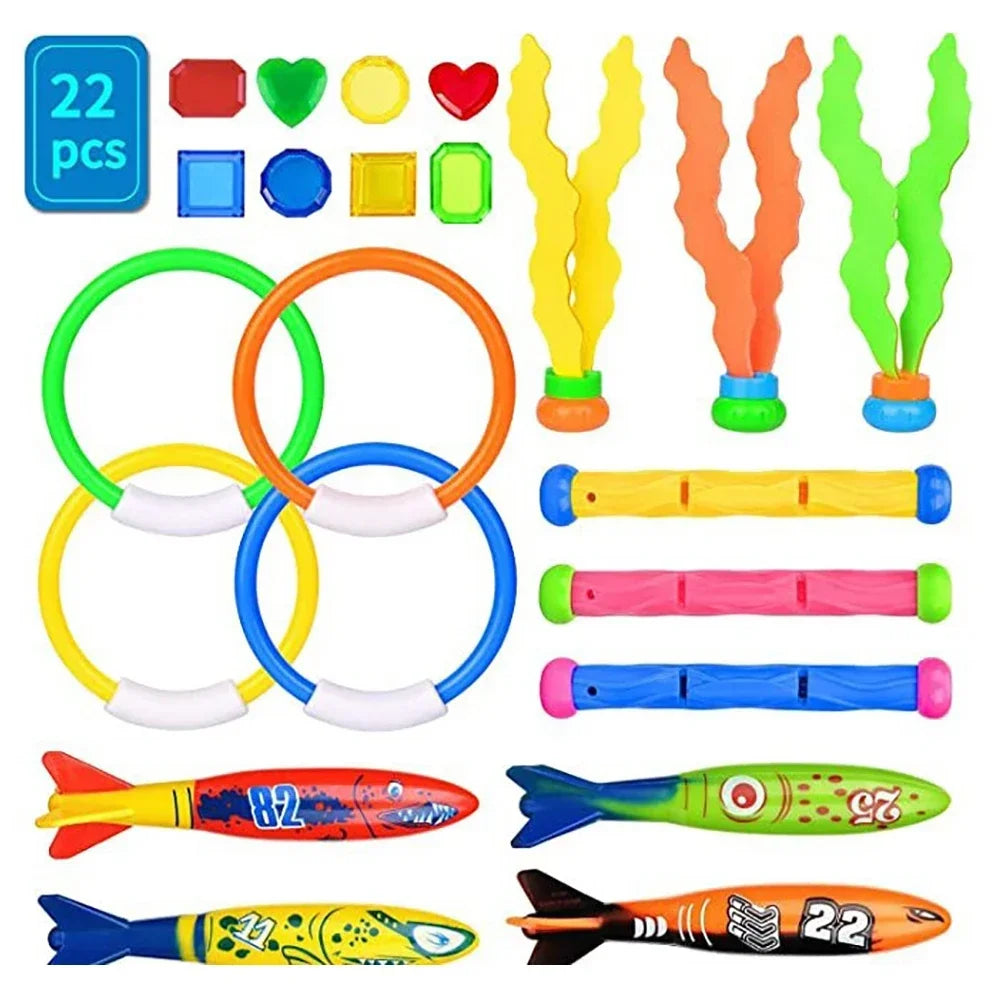 A collection of colorful diving toys including rings, tubes, and fins for swimming pool games.