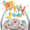 A baby is looking up at a colorful spiral elephant sensory toy with musical notes and other animal figures.