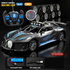 A black and blue remote control racing car is shown with its battery and USB charging cable.