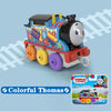 A colorful Thomas & Friends diecast train character toy with wheels and decorations.